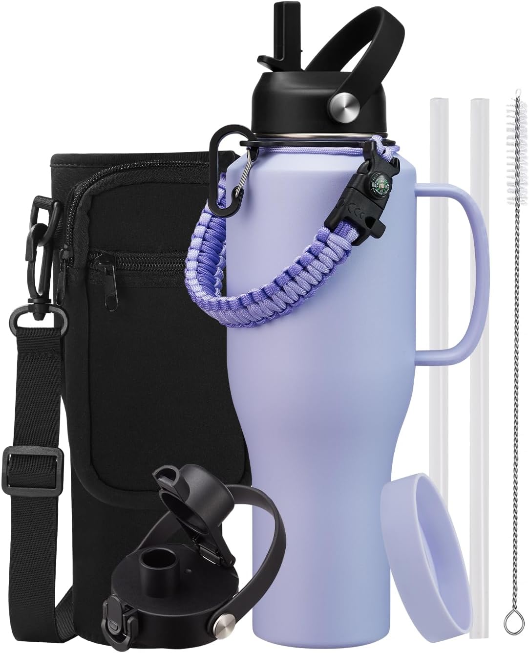Insulated Water Bottle 40 oz - Fits in any Car Cup Holder, Keep Cold 48H Hot 24H, Stainless Steel Waterbottle Double Wall Flask with Straw, Pop-up Spout Lid, Paracord Handle, Carrier Bag