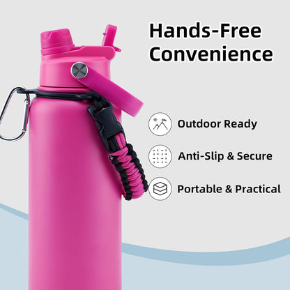 26oz Insulated Water Bottle with 2-in-1 Straw and Spout Lid, 304 Stainless Steel Water Bottle Keep Cold for 24H,Leak-Proof,Sports Water Bottle with Braided Carry Strap for Gym,Travel,Outdoors,Black
