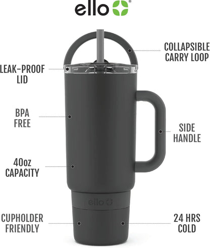 Ello Port 40oz Tumbler with Carry Loop & Integrated Handle, Vacuum Insulated Stainless Steel Reusable Water Bottle, Travel Mug with Leak Proof Lid & Straw, Perfect for Iced Coffee & Tea, White