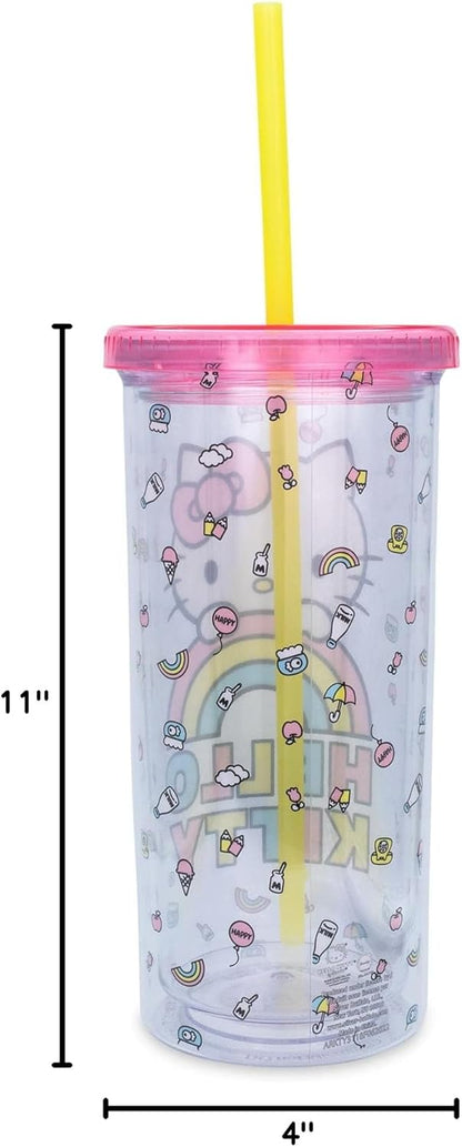Silver Buffalo Sanrio Hello Kitty Milk Carton Pattern Plastic Boba Tumbler w Lid and Wide Straw, 24 Ounces