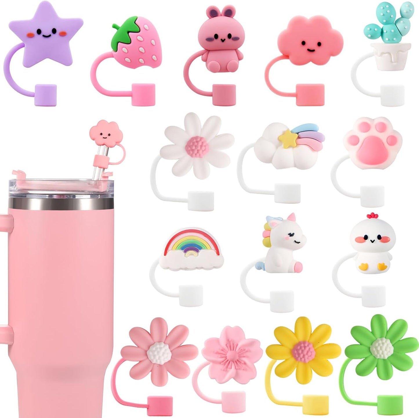 15 PCS Cute Silicone Straw Cover Cap for Stanley Cup Accessories,Simple Modern Straw Covers,10mm Straw Topper Compatible with 30&40 Oz Tumbler