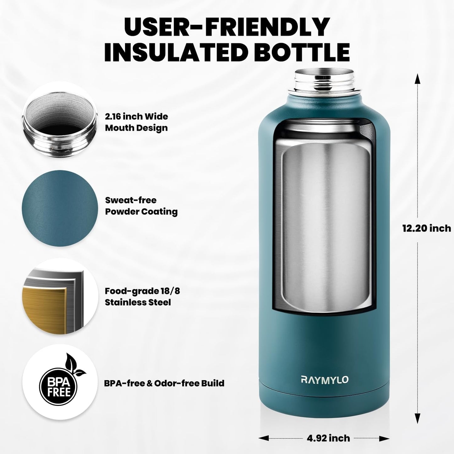 RAYMYLO One Gallon Water Bottle Insulated, Triple Walled Vacuum Stainless Steel (Cold for 48 Hrs), Leak Proof & Non-BPA, Large Water Flask Jug with Paracord Handle & Straw Spout Lids