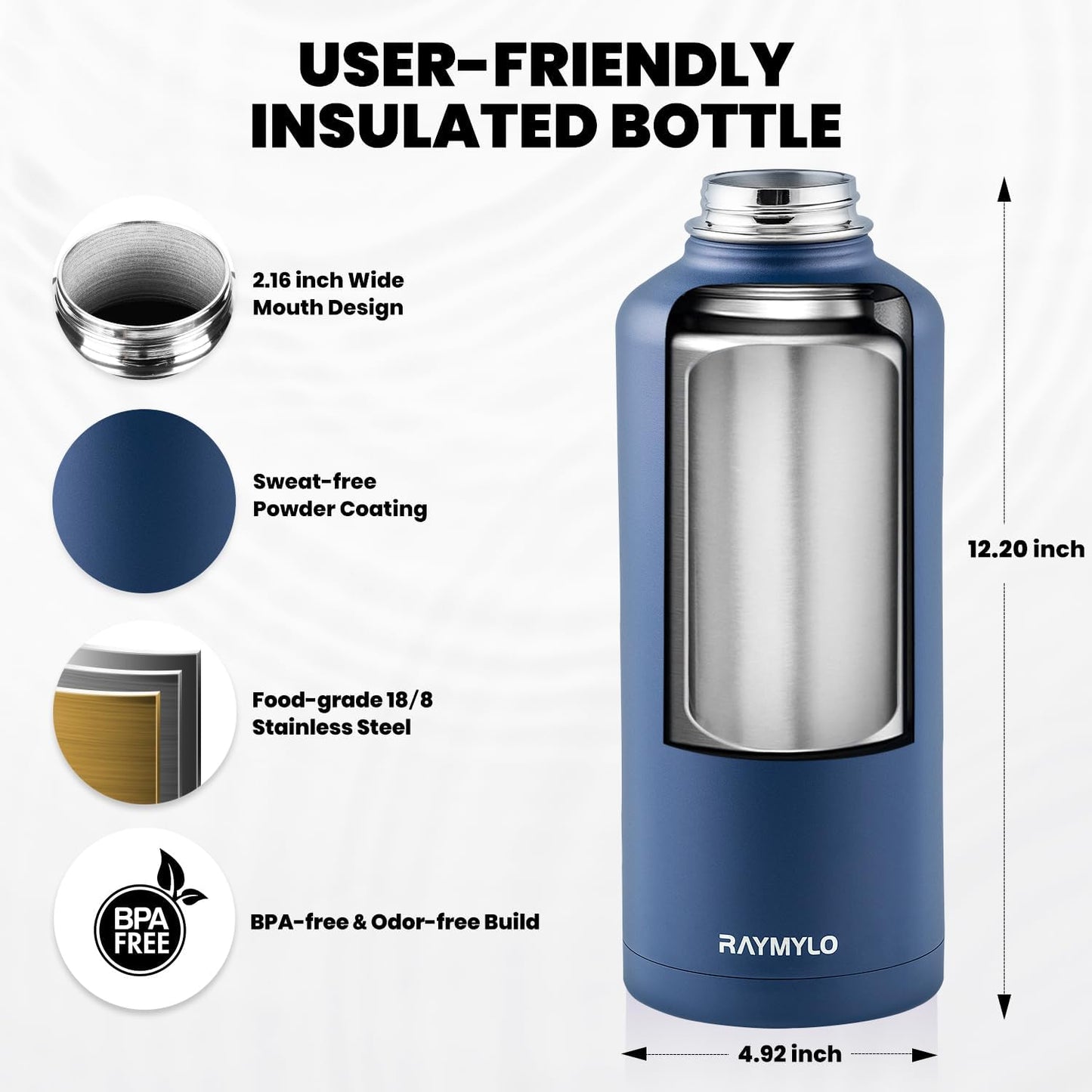 RAYMYLO One Gallon Water Bottle Insulated, Triple Walled Vacuum Stainless Steel (Cold for 48 Hrs), Leak Proof & Non-BPA, Large Water Flask Jug with Paracord Handle & Straw Spout Lids