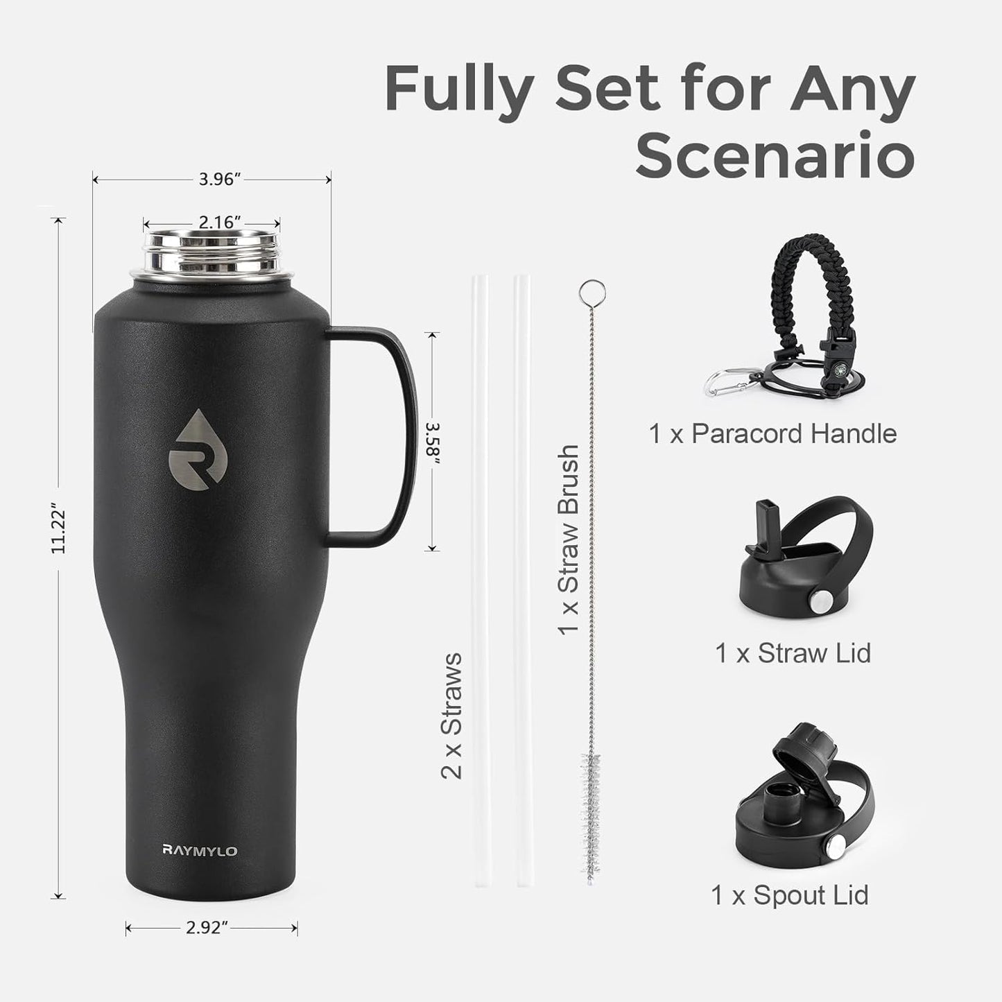RAYMYLO 40 oz Insulated Water Bottle with Straw fit in Car Cup Holder, Triple Wall Vacuum Stainless Steel(Cold 48 hrs, Hot 24 hrs), Leakproof & Non-BPA, Hydro Travel Flask with Straw and Spout Lid