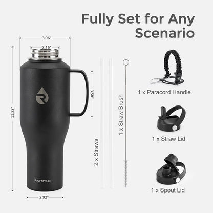 RAYMYLO 40 oz Insulated Water Bottle with Straw fit in Car Cup Holder, Triple Wall Vacuum Stainless Steel(Cold 48 hrs, Hot 24 hrs), Leakproof & Non-BPA, Hydro Travel Flask with Straw and Spout Lid