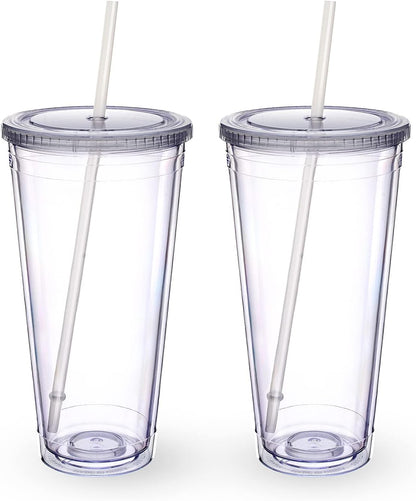 Zukro Clear Acrylic Tumbler with Straw and Lid 32 oz, Double Walled Insulated Reusable Plastic Iced Coffee Cup, To Go Cup Perfect for Parties, Birthdays, Fit in Cupholder, BPA Free, Clear, 2 Pack
