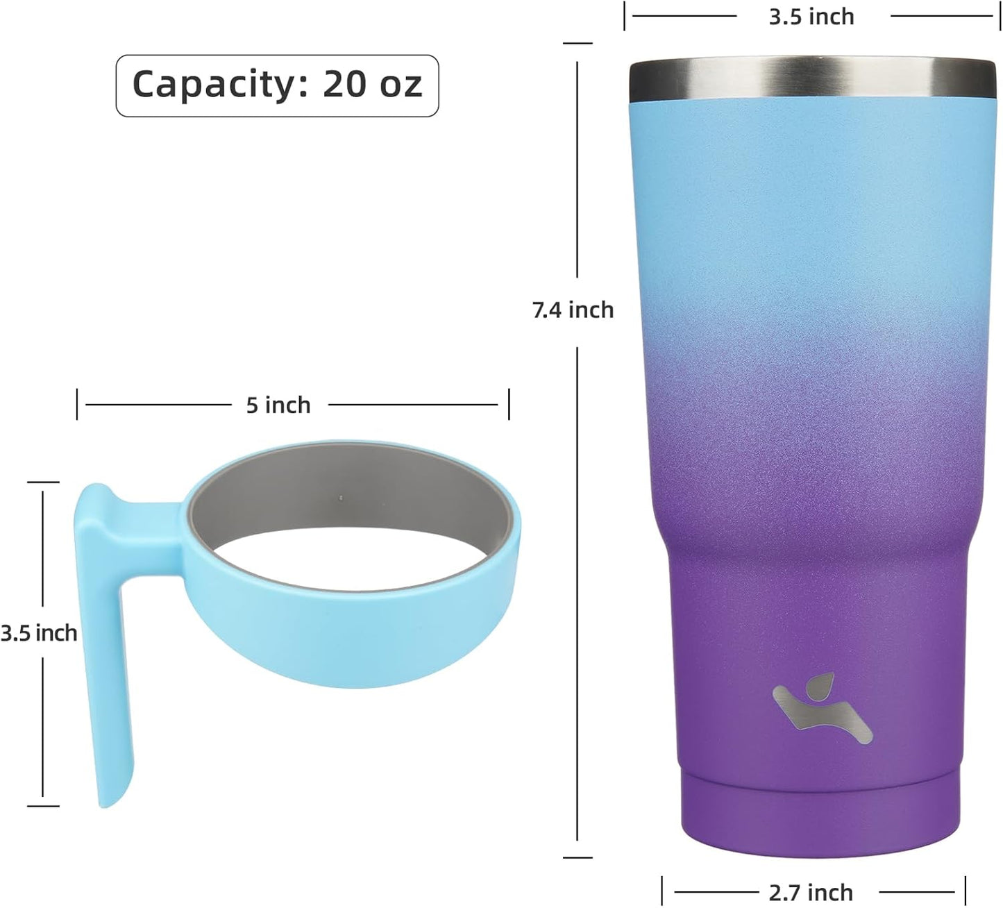 Konokyo 20 oz Tumbler with Handle and 2 Straw 2 Lid, Insulated Water Bottle Stainless Steel Vacuum Cup Reusable Travel Mug,Black