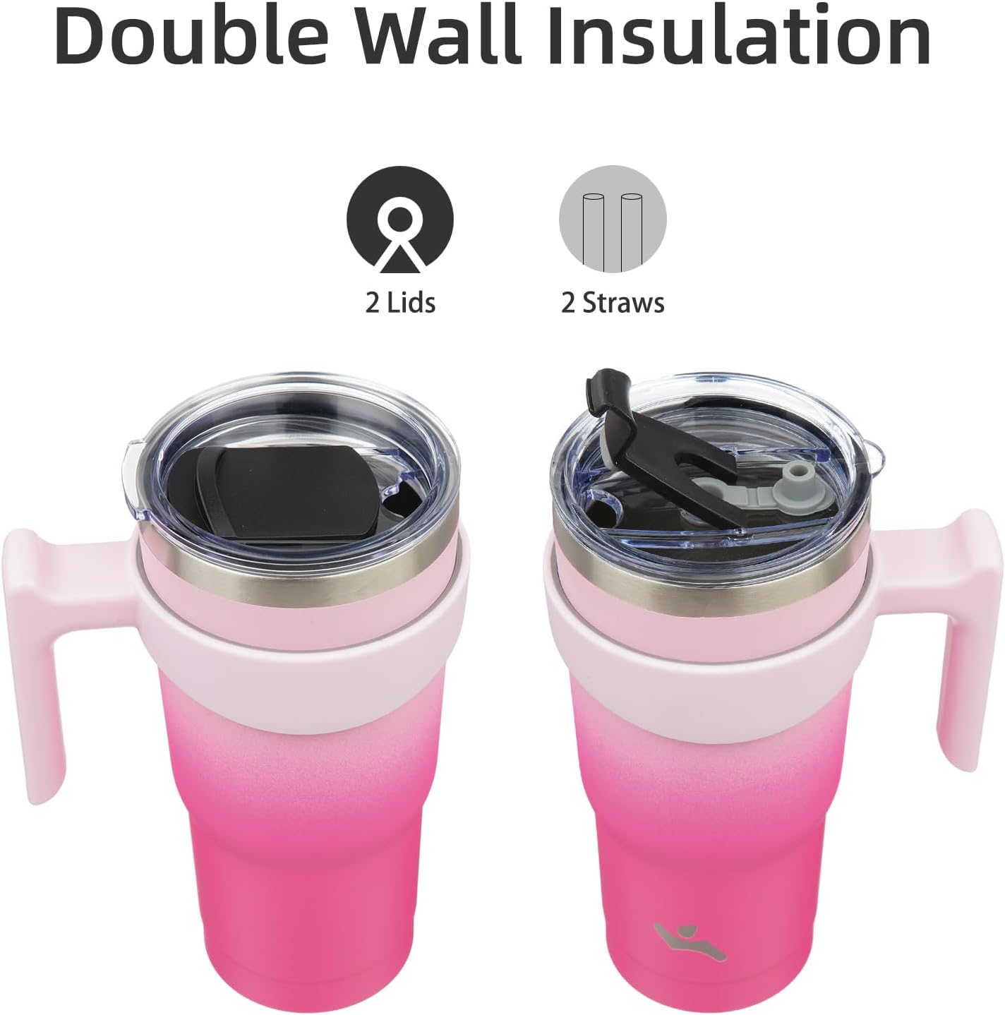 Konokyo 20 oz Tumbler with Handle and 2 Straw 2 Lid, Insulated Water Bottle Stainless Steel Vacuum Cup Reusable Travel Mug,Black