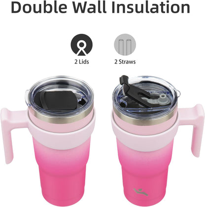 Konokyo 20 oz Tumbler with Handle and 2 Straw 2 Lid, Insulated Water Bottle Stainless Steel Vacuum Cup Reusable Travel Mug,Black
