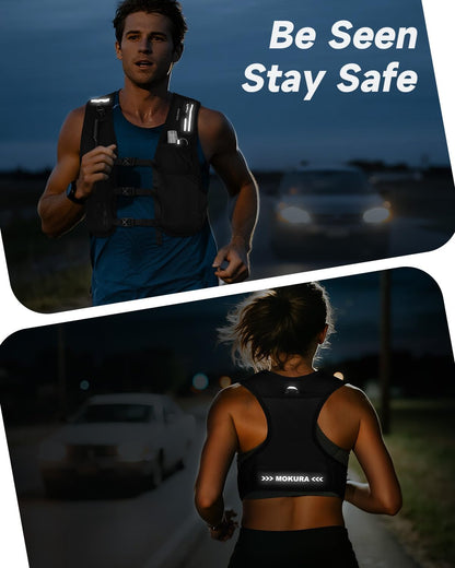 MOKURA Running Vest for Women Men, Lightweight Hydration Vest with 500ML Soft Flask & Phone Holder, Reflective Running Backpack, Adjustable Run Pack Water Bottle, Runner Marathon Essentials
