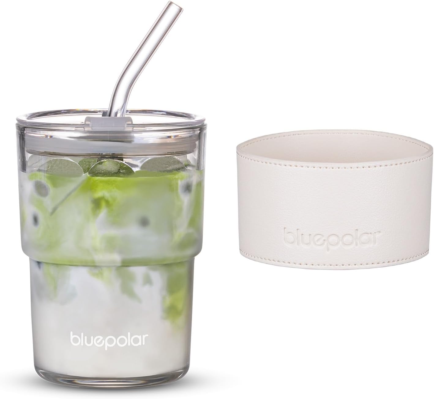 BLUEPOLAR 13oz/400ml Glass Water Tumbler with Straw and Lid Sealed Carry On Thick Wall Iced Coffee Cup Glass Cup for Water, Iced Tea Fruit Juice Etc (White-2Pack)