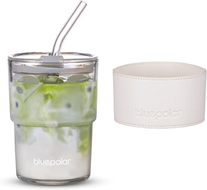 BLUEPOLAR 13oz/400ml Glass Water Tumbler with Straw and Lid Sealed Carry On Thick Wall Iced Coffee Cup Glass Cup for Water, Iced Tea Fruit Juice Etc (White-2Pack)
