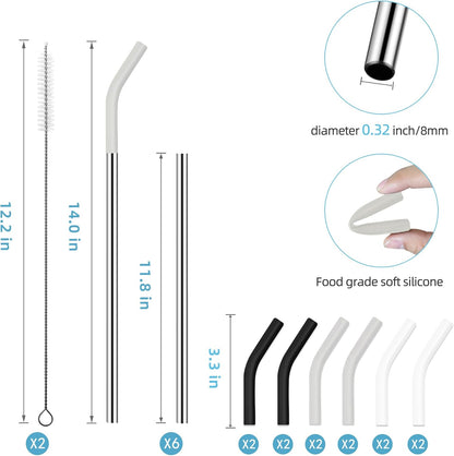 40 oz Stainless Metal Straws for 40 oz Stanley Tumbler, 6Pcs Reusable Straight Long Steel Straws with 12 Silicone Tips and 2 Straw Cleaning Brushes (6Color1, 40oz)