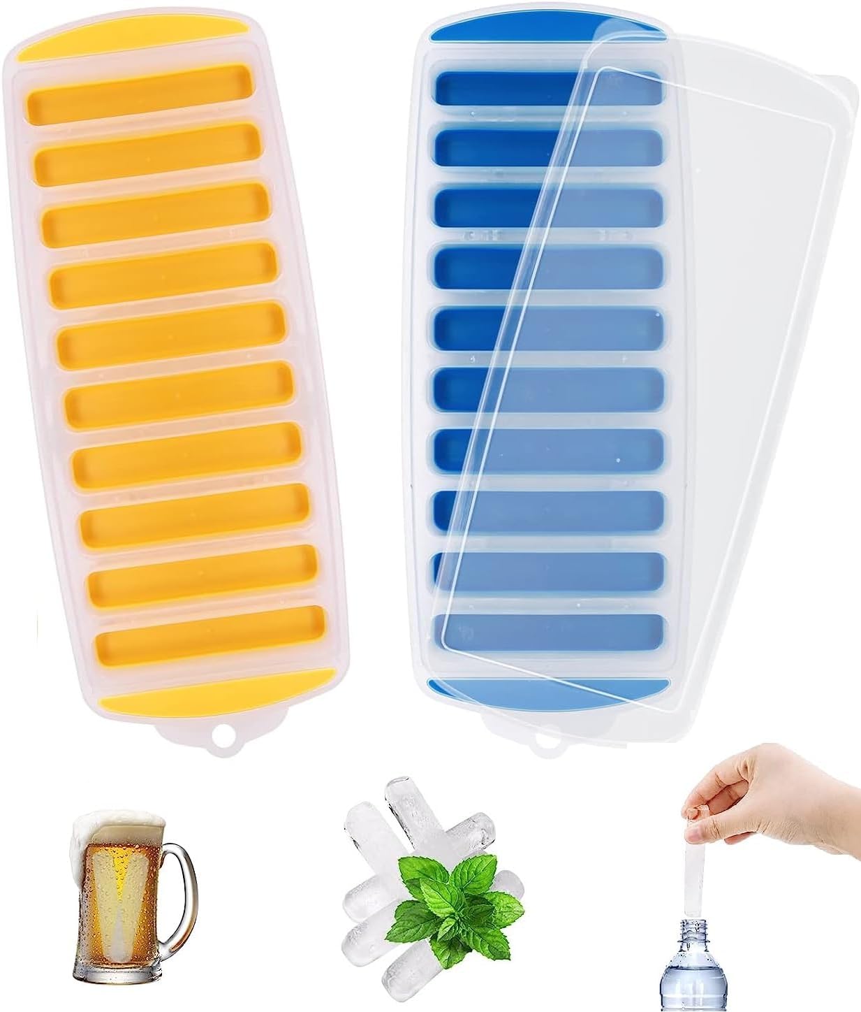 2 Pcs Long Ice Stick Tray Silicone with Lid,Water Bottle Ice Cube Tray with Easy Push and Pop Out Material, Ideal for Sports and Water Bottles