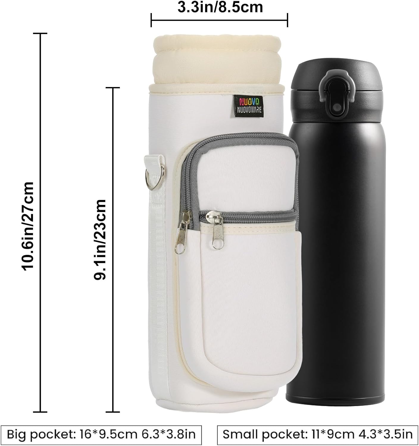 Nuovoware Water Bottle Carrier Bag,25oz/40oz/64oz Bottle Pouch Holder,Adjustable Shoulder Hand Strap 2 Pocket Sling Neoprene Sleeve Sports Accessories for Hiking Travelling Camping