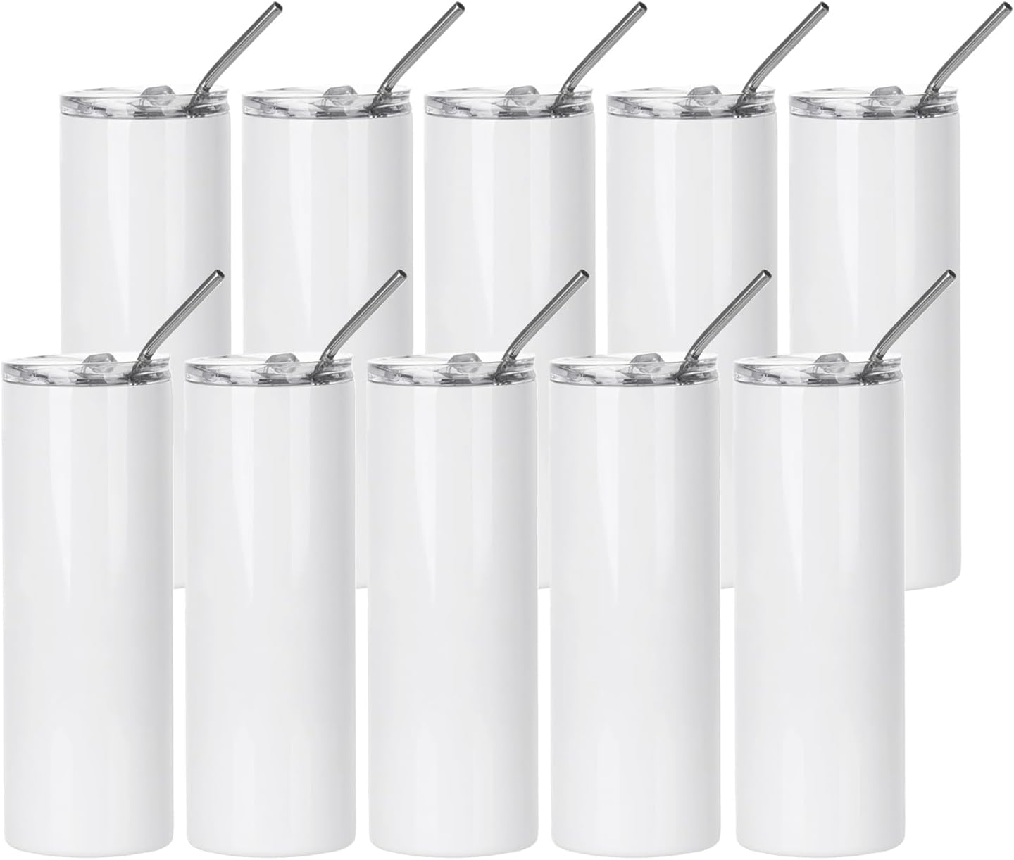 PYD Life Sublimation Blanks Skinny Tumbler White 20 OZ Straight Stainless Steel with Metal Straw for Mug Tumbler Heat Press Machine Sublimation Printing 4 Pack