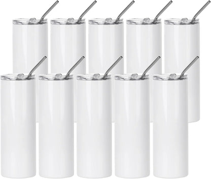 PYD Life Sublimation Blanks Skinny Tumbler White 20 OZ Straight Stainless Steel with Metal Straw for Mug Tumbler Heat Press Machine Sublimation Printing 4 Pack