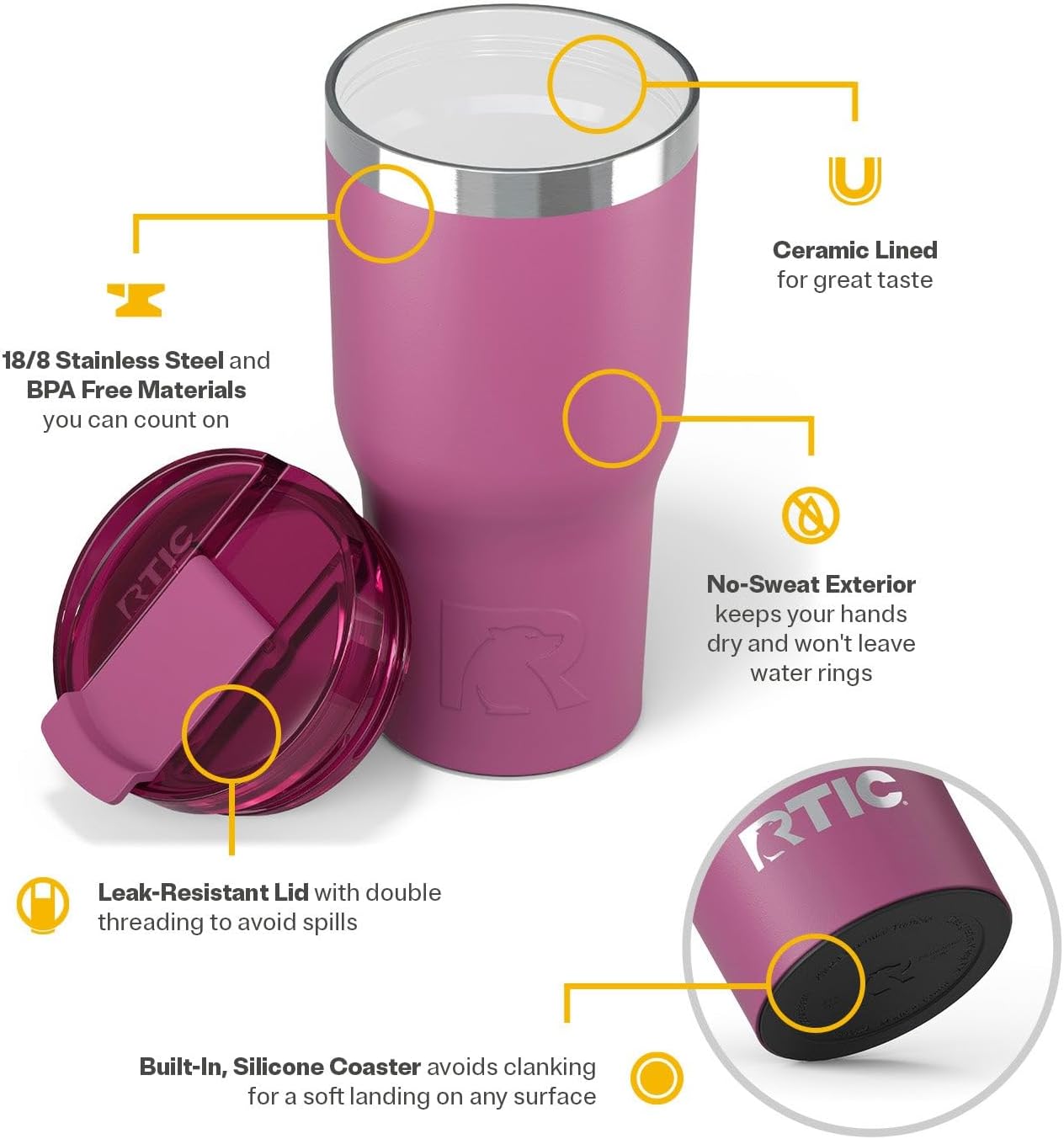 RTIC 20oz Essential Tumbler with Lid, Ceramic Lined, Insulated, Stainless Steel, Metal, Double Wall Vacuum-Insulation, Travel Cup for Iced Coffee, Tea, Hot and Cold Drink, Graphite