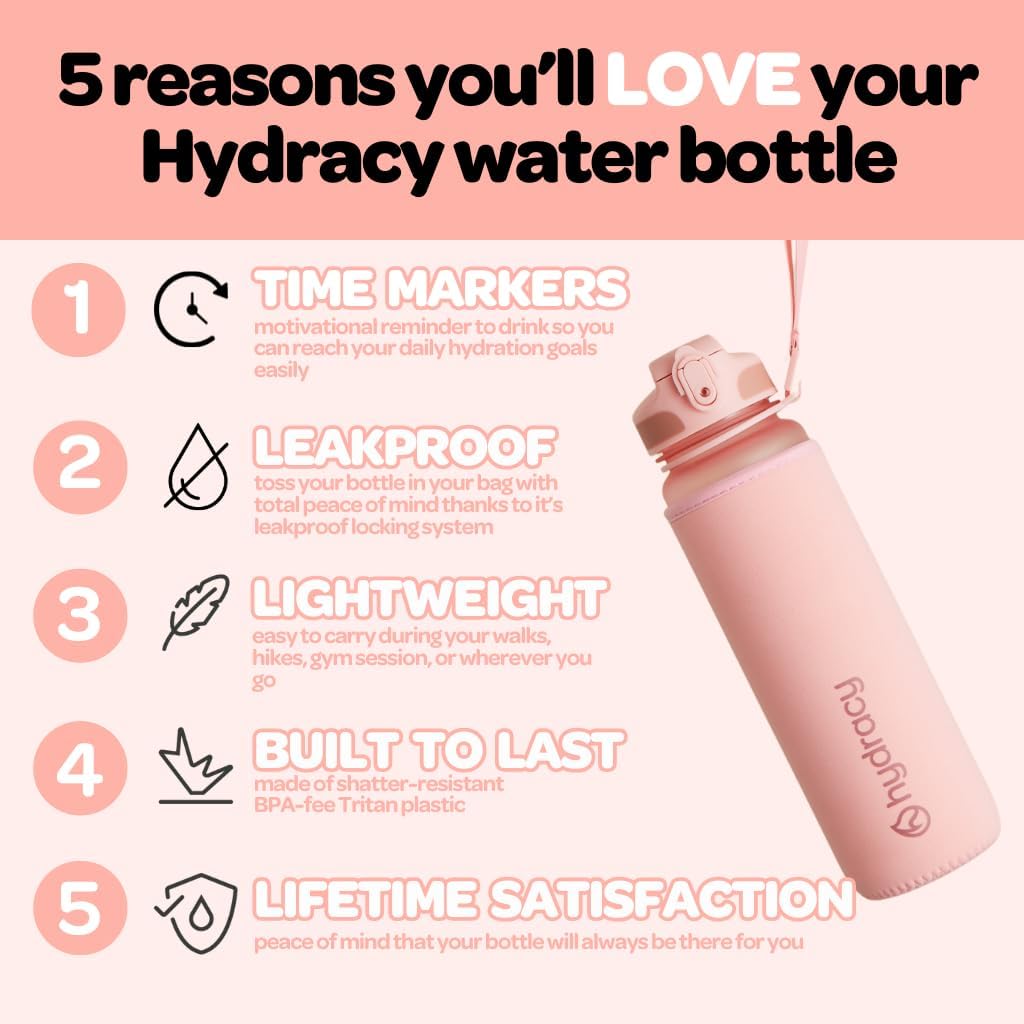 Hydracy Water Bottle with Time Marker -Large BPA Free Water Bottle & No Sweat Sleeve -Leak Proof Gym Bottle with Times to Drink - Ideal for Fitness Sports & Outdoors