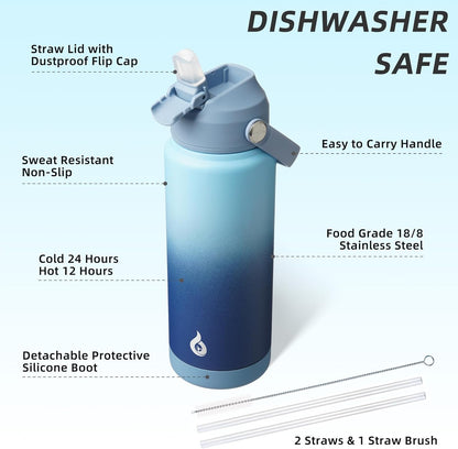 BJPKPK Insulated Water Bottle with Straw Lid, 18oz Thermo Water Bottles with Soft Nozzle, Flex Handle & Non-slip Boot, BPA Free Leak Proof Stainless Steel Metal Thermo, Tumblers, Cups,Sea Salt