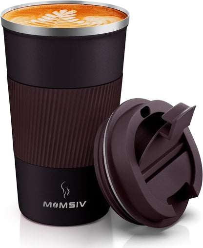 MOMSIV 12oz Travel Mug, Insulated Coffee Cup with Leakproof Lid, Travel Coffee Mug Vacuum Stainless Steel Double Walled Reusable Coffee Cup for Hot and Cold Water Coffee