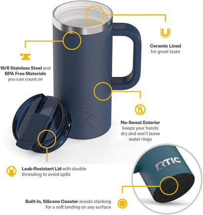 RTIC 20oz Road Trip Travel Mug with Lid and Handle, Ceramic Lined, Insulated, Stainless Steel, Metal, Double Wall Vacuum-Insulation, Portable Coffee, Tea Cup for Hot and Cold Drink, Black