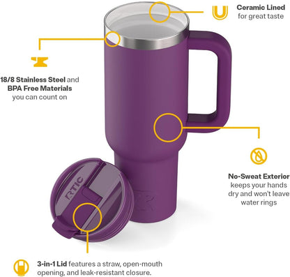 RTIC 30 oz Road Trip Tumbler Double-Walled Ceramic Lined InsulatedStainless Steel Portable Travel Coffee Mug Cup with Lid, Handle and Straw, Periwinkle Bouquet