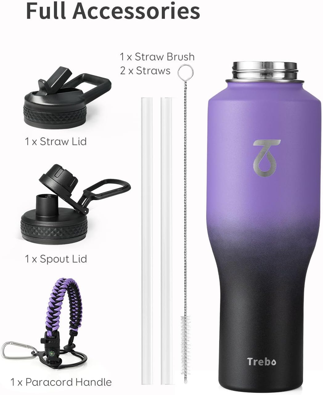 Trebo 40 oz Water Bottle Insulated Fit Car Cup Holder with Handle, Stainless Steel Water Bottles Tumbler with Spout Straw Lids, Double Wall Travel Reusable Flask, Leakproof Mug,Keep Cold &Hot,Black