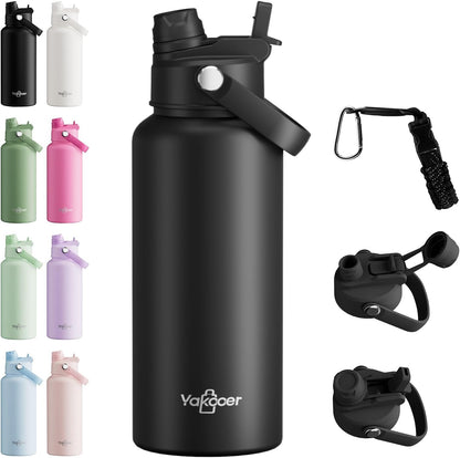 26oz Insulated Water Bottle with 2-in-1 Straw and Spout Lid, 304 Stainless Steel Water Bottle Keep Cold for 24H,Leak-Proof,Sports Water Bottle with Braided Carry Strap for Gym,Travel,Outdoors,Black