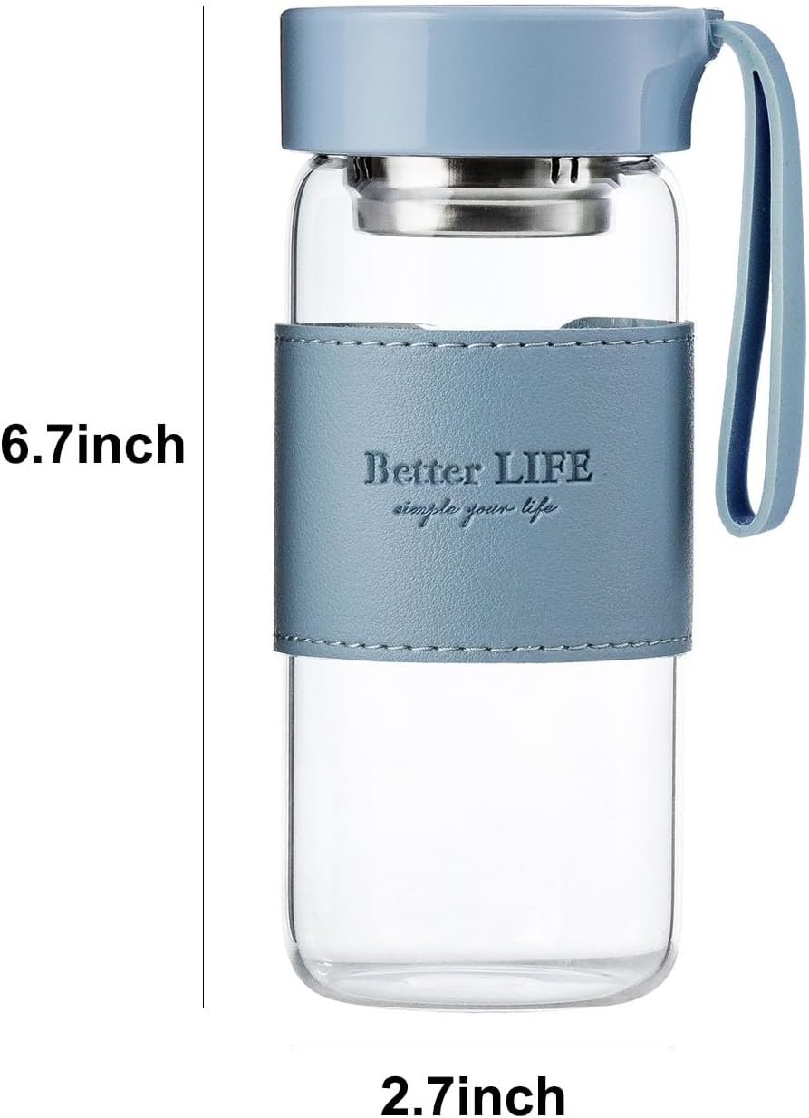 Glass Tea Bottle 16 oz Drinking Bottle with Non-Slip Holster, and Stainless Tea Infuser,Leak Proof Lid,Portable Glass Water Bottle for School, Office, Car & Home,as a gift, etc (Pink)