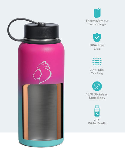 BUZIO 40oz Insulated Water Bottle, Triple Wall Vacuum Stainless Steel Water Flask with 2 lids, Lead-Free BPA-Free Straw Lid Sports Canteen Jug, Cold 48H & Hot 24H- Black - Colors B