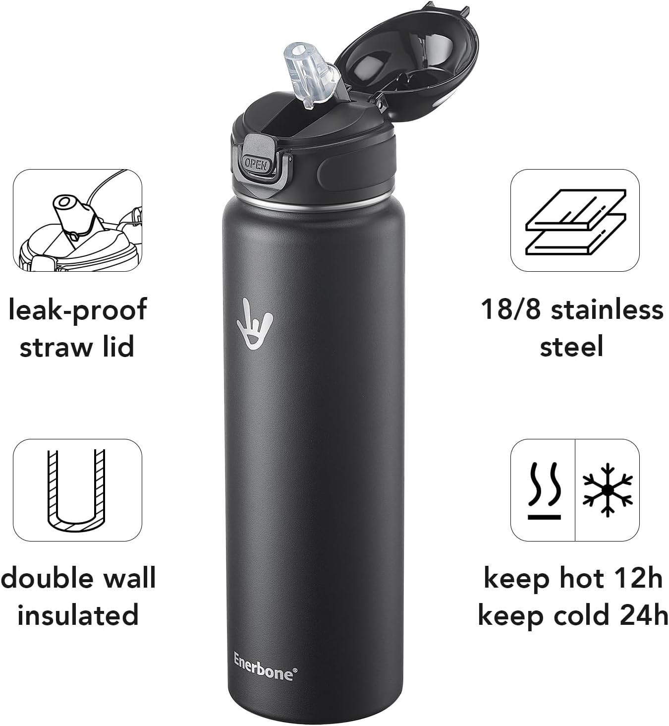 Enerbone 24 oz Insulated Water Bottle, Stainless Steel Bottle with Carrying Strap, Double-Wall Vacuum Insulation Design, Leakproof Sports Bottle with Straw, Keep Drinks Cold or Hot for Hours