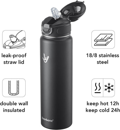 Enerbone 24 oz Insulated Water Bottle, Stainless Steel Bottle with Carrying Strap, Double-Wall Vacuum Insulation Design, Leakproof Sports Bottle with Straw, Keep Drinks Cold or Hot for Hours