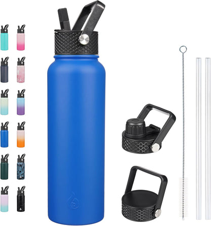 BJPKPK Insulated Water Bottles with Straw Lid, 40oz Stainless Steel Water Bottles with 3 Lids, BPA Free Leakproof Thermo, Tumblers, Cups for Sports, Gym- Midnight - Colors A