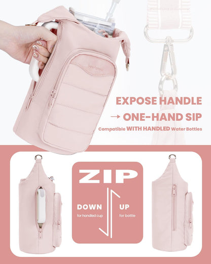 sportsnew Water Bottle Holder, Crossbody Insulated Cup Sleeve for 30oz/40oz Tumbler with Handle, Puffy Carrier Bag with Phone & RFID-Blocking Card Pocket & Drawstring Closure for Quick Access