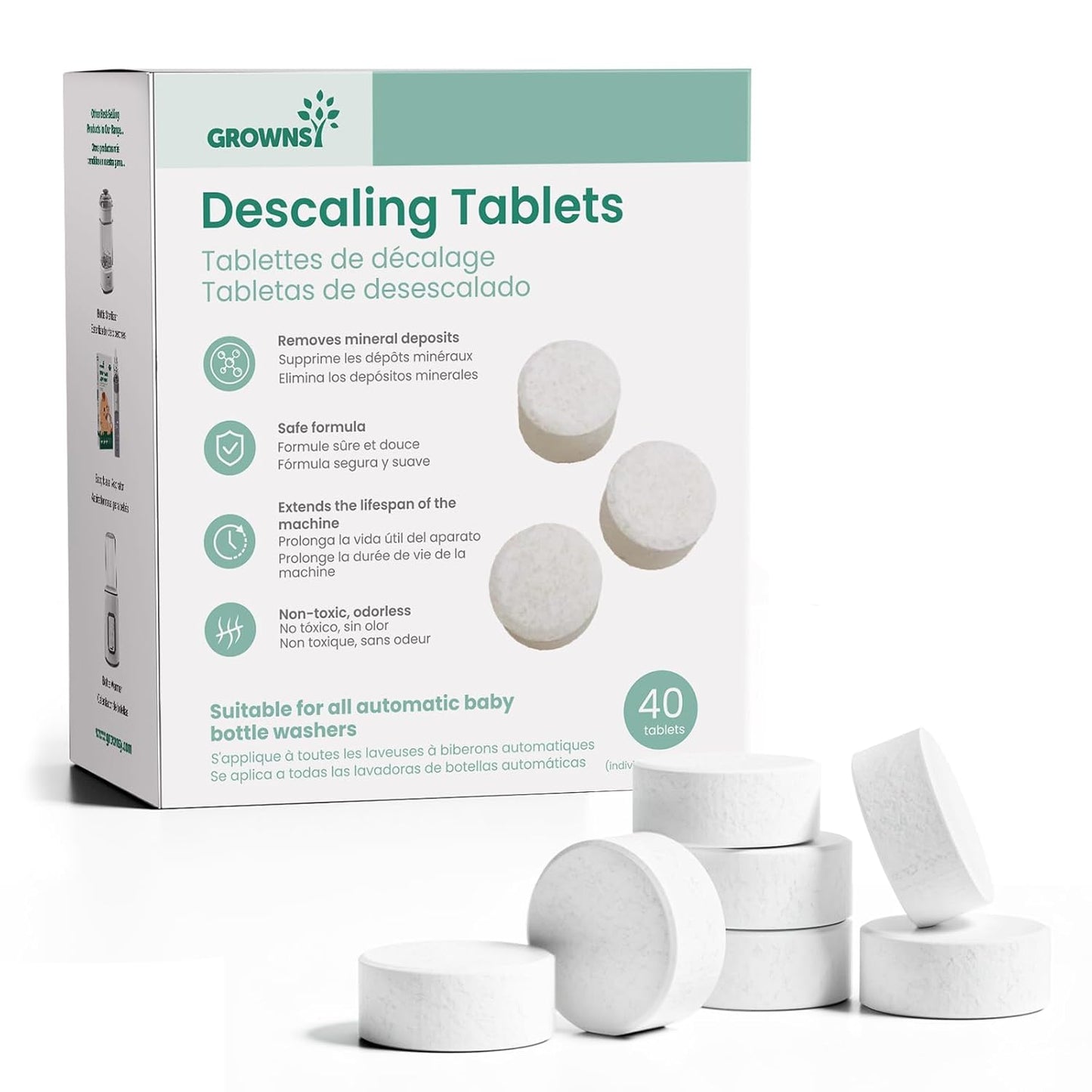 GROWNSY Descaling Tablets for Bottle Washers, Descaler Tablets to Remove Limescale & Mineral Buildup, Compatible with Momcozy and Baby Brezza Baby Bottle Washer, 24 Count