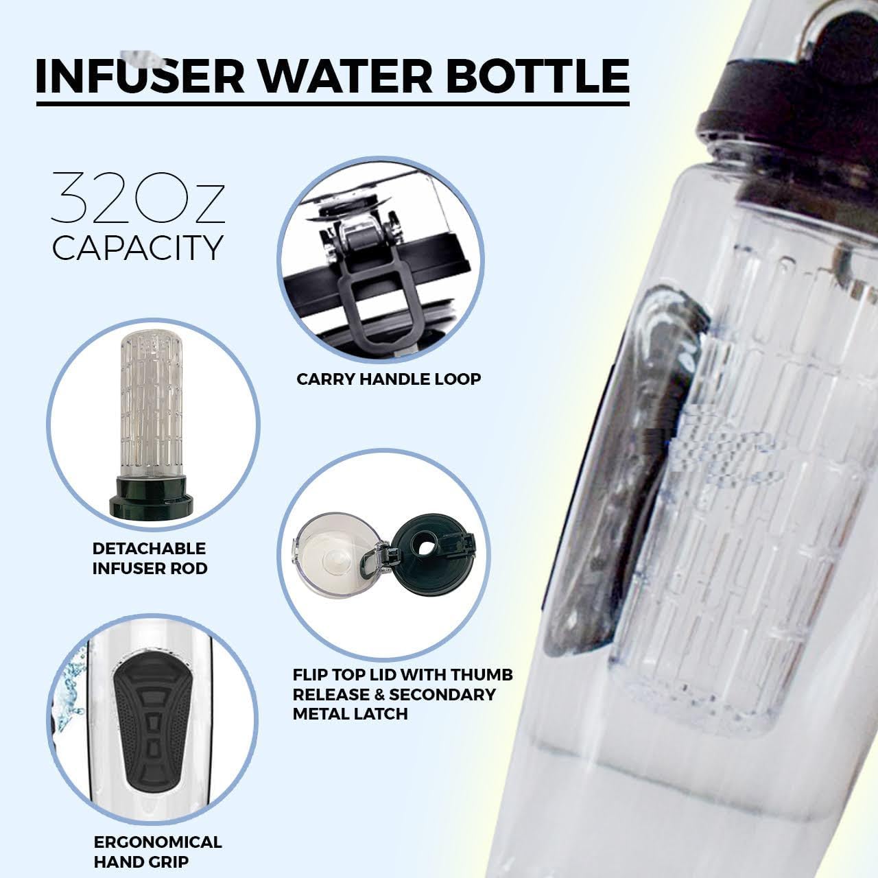 AIC Sport Fruit Infuser Water Bottle, Flip Top Lid & Dual Anti-Slip Grips, BPA Free Infuser Water Bottle,