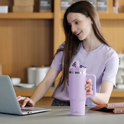 Labulabla 40oz Stainless Steel Insulated Tumbler with Flip Straw, 2-in-1 Lid, 100% Leakproof, Cup Holder Friendly, Handle, BPA-Free (light pink, 40, ounces)