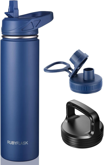 RUBYFLASK 32oz Insulated Water Bottle with Straw, Stainless Steel Metal Vacuum Water Flask, Large Thermal Water bottle with Leakproof 3 Lids for Travel, Camping, Gym Sports Indigo Black