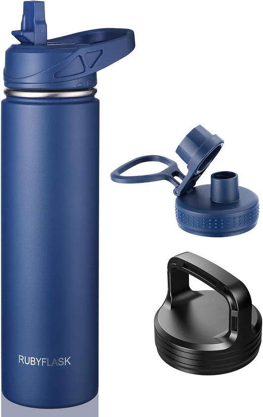 RUBYFLASK 32oz Insulated Water Bottle with Straw, Stainless Steel Metal Vacuum Water Flask, Large Thermal Water bottle with Leakproof 3 Lids for Travel, Camping, Gym Sports Indigo Black