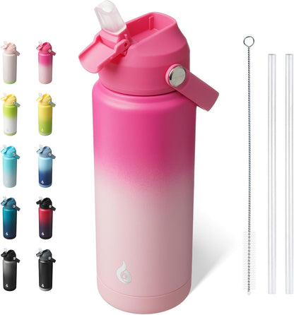 BJPKPK Insulated Water Bottle with Straw Lid, 18oz Thermo Water Bottles with Soft Nozzle, Flex Handle & Non-slip Boot, BPA Free Leak Proof Stainless Steel Metal Thermo, Tumblers, Cups,Sea Salt