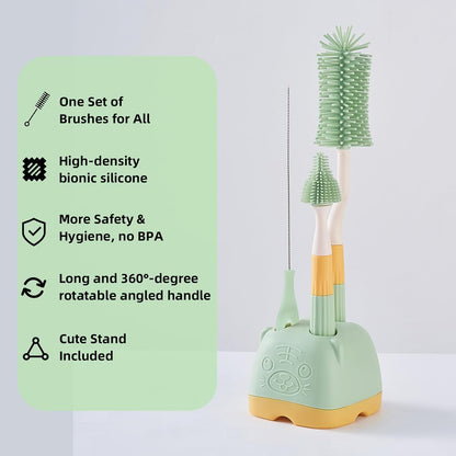 3 in 1 Baby Silicone Bottle Brush Set, Multipurpose Bottle Cleaner, Bottle Brush with Storage Holder, Food Grade Silicone, Effortless Scrubbing, Baby Bottle Cleaning Brush (Green)