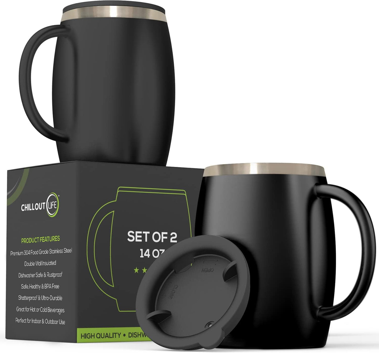 CHILLOUT LIFE Stainless Steel Insulated Coffee Mugs Set of 2 (14oz) – Double Wall Coffee Cups with Spill Resistant Lid & Strong Handle, Shatterproof Cups for Cold Drinks and Hot Beverages