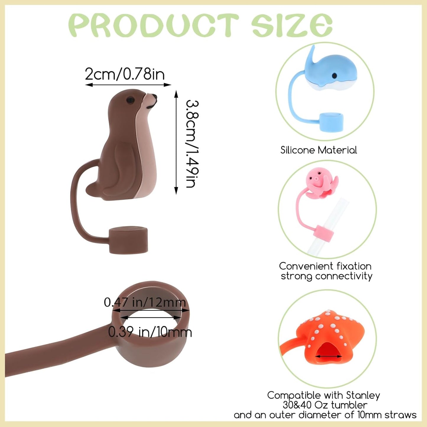 8 Pcs Animal Straw Cover Cap, Silicone Straw Topper for Stanley 30&40 Oz Tumbler Cute Straws Cap in Various Shapes, Straws Covers for 0.4 Inch/10 mm Tips Gifts for Women Girls Teens