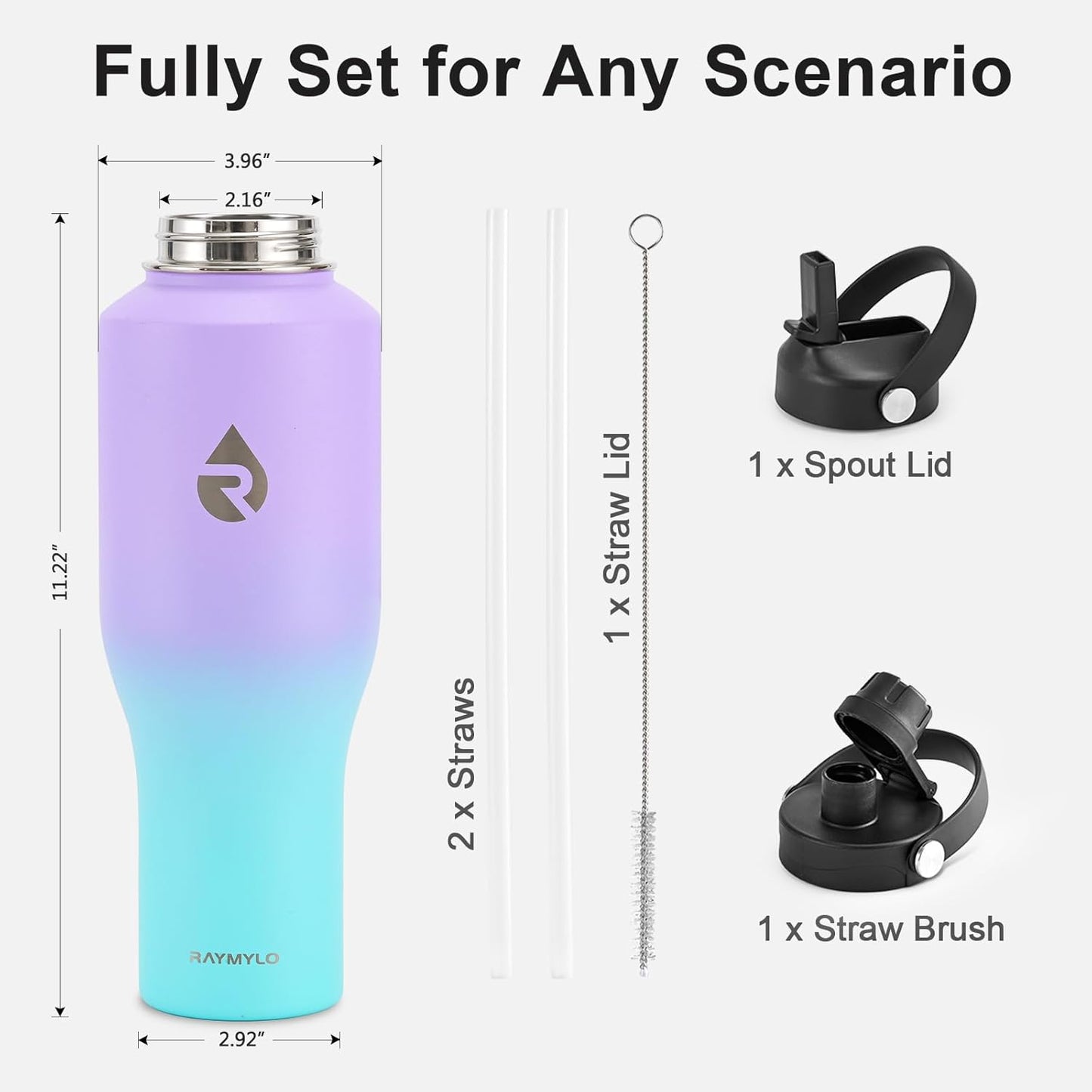 RAYMYLO 40 oz Insulated Water Bottle with Straw fit in Car Cup Holder, Triple Wall Vacuum Stainless Steel(Cold 48 hrs, Hot 24 hrs), Leakproof & Non-BPA, Hydro Travel Flask with Straw and Spout Lid