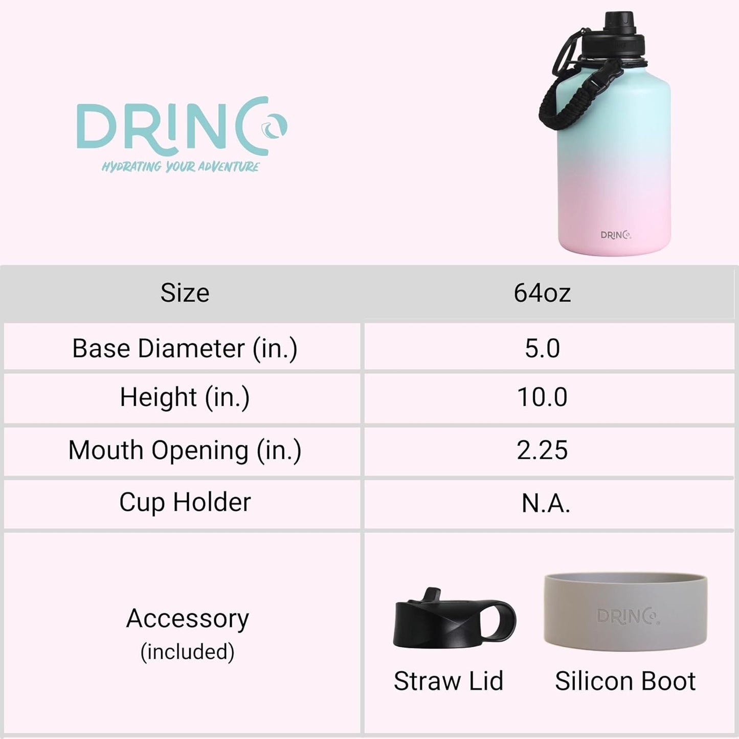 Drinco Stainless Steel Water Bottle Spout Lid Vacuum Insulated Double Wall Water Bottle Wide Mouth (40oz 32oz 22oz 18oz 14oz) Leak Proof Keep Cold Sport Camping Hiking (22 oz, 22oz Black)