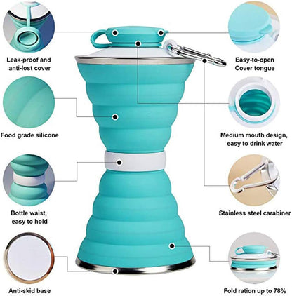 Collapsible Water Bottle, Camping Cup With Carabiner, Reuseable Silicone Foldable Leak Proof Portable Sports Travel Water Bottles For Outdoor, Travel Gym Hiking, BPA Free, Cycling Cups with Carabiner