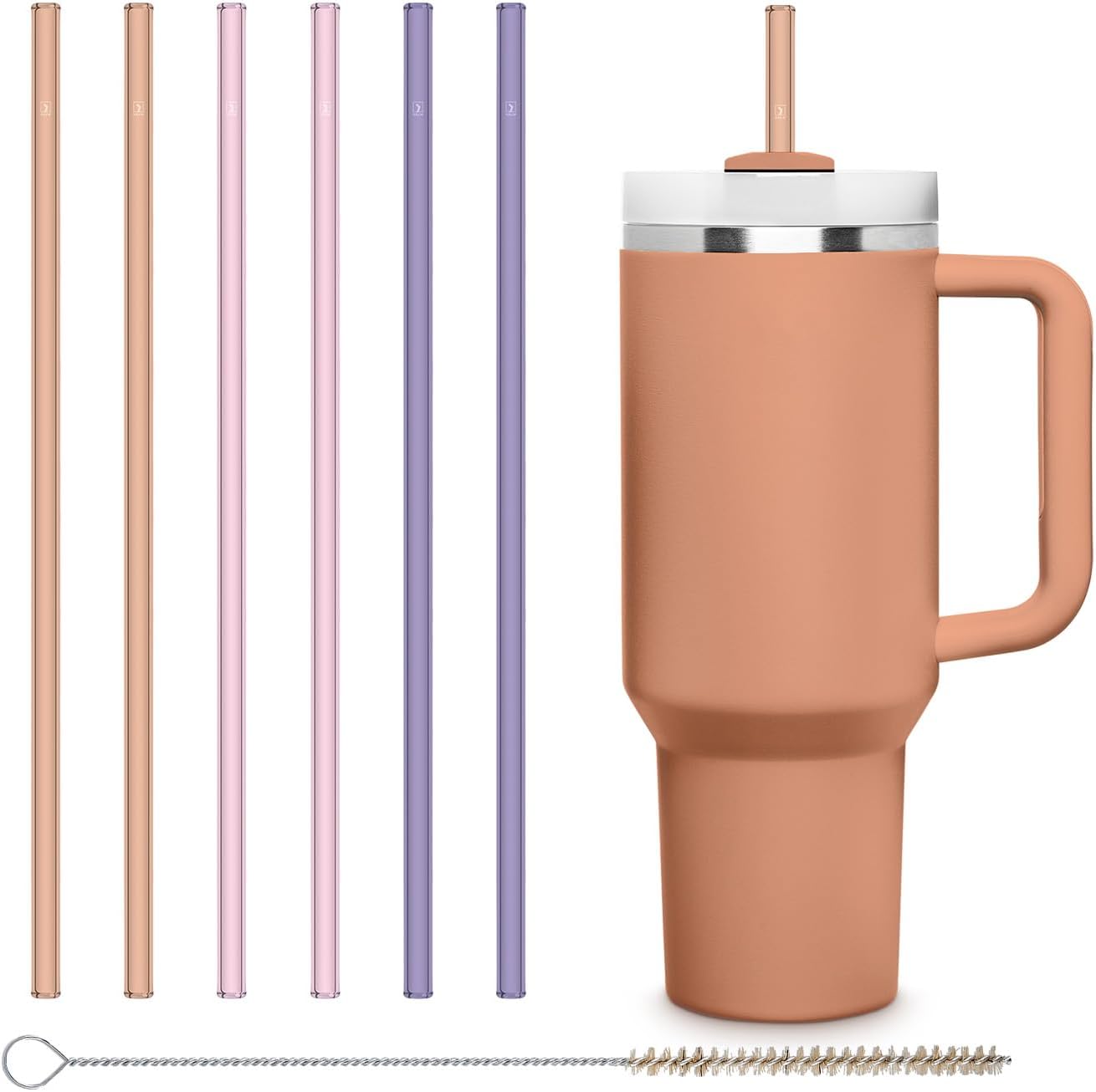 Halm Glass Straws - 6 Long 12 inch Bent Stanley Cup Replacement Drinking Straws + Plastic-Free Cleaning Brush - Perfect for Bottles & Quencher - Made in Germany - Dishwasher Safe - Eco-Friendly