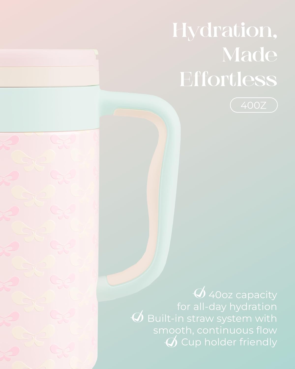 40 oz Insulated Tumbler with Handle and Push-Button Straw Lid, Stainless Steel Travel Cup for Gym Office, Leakproof, BPA-Free, Cup Holder Friendly, Bow Silicone Boot, Purple (Light Lilac)