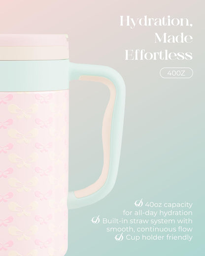 40 oz Insulated Tumbler with Handle and Push-Button Straw Lid, Stainless Steel Travel Cup for Gym Office, Leakproof, BPA-Free, Cup Holder Friendly, Bow Silicone Boot, Purple (Light Lilac)